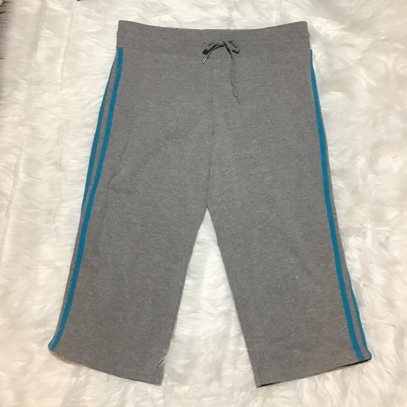 Vintage Central Park Women’s Grey with Teal 2lines CROPPED Cotton Sweatpant - Picture 1 of 4
